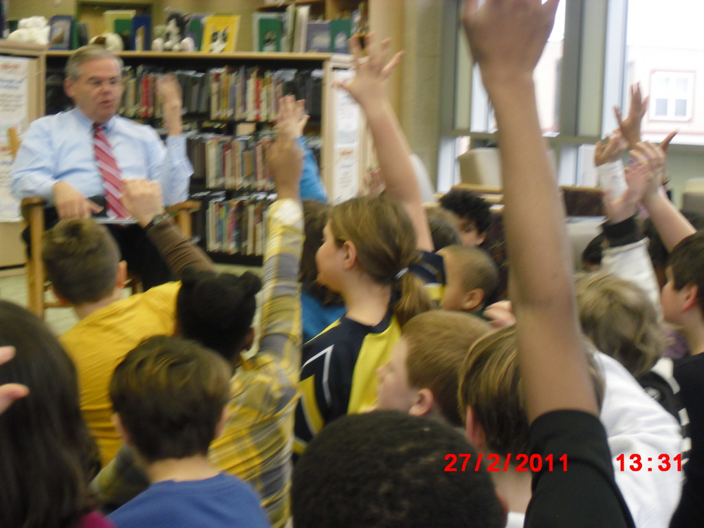 Children in Montclair at the Charles H. Bullock School answer some tough questions about Congress posed by U.S. Senator Robert Menendez.
Full story, above.