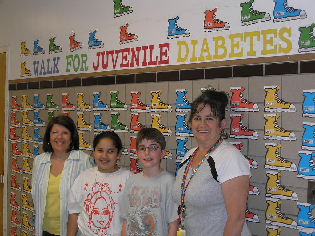left to right: School nurse Maryann Rivera, fifth graders Elissa Bonilla and Nathan Bradley,  and physical education teacher Patricia VanderMay. Bonilla and Bradley both have Juvenile Diabetes (Type 1).
SEE RELATED STORY, SCHOOLS